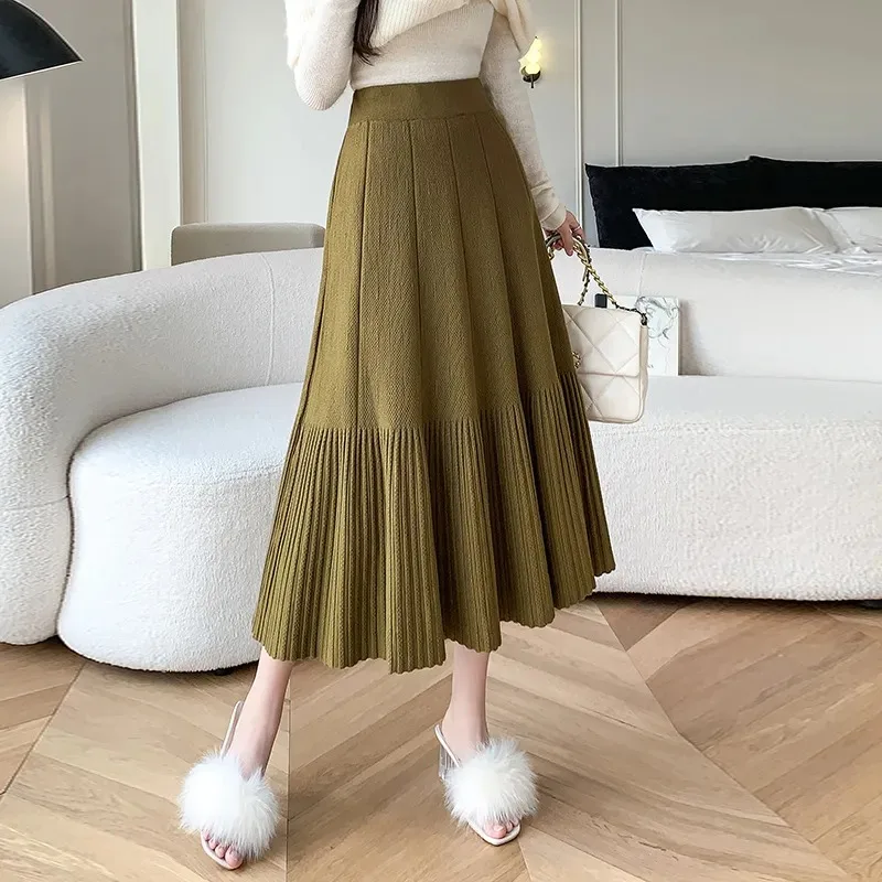 

Модная плиссированная трикотажная юбка для женщин, эластичная юбка средней длины с высокой талией, элегантная и универсальная юбка трапециевидной формы, юбка-зонтик