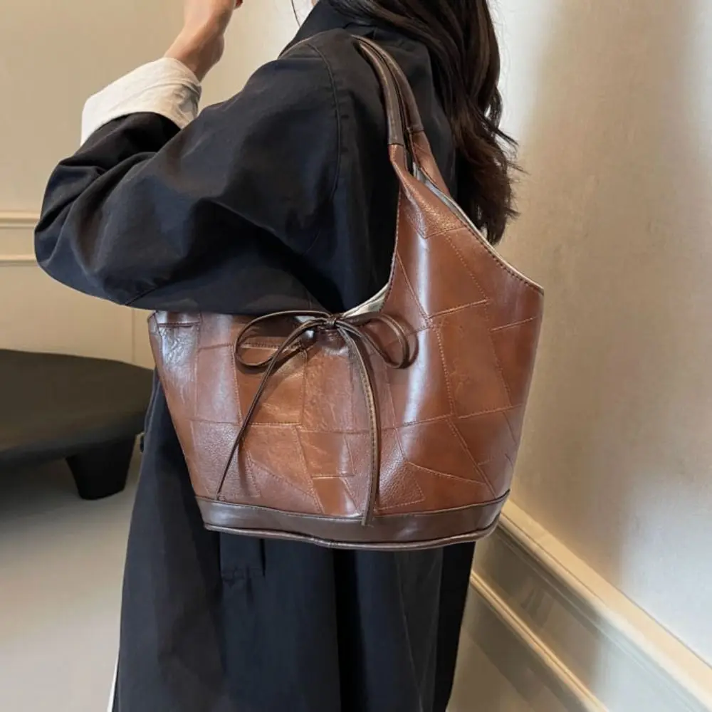 

Cute PU Bow Underarm Bags Carrying Solid Color Y2k Shoulder Bag Waterproof Portable Leather Tote Bag Class Commuting