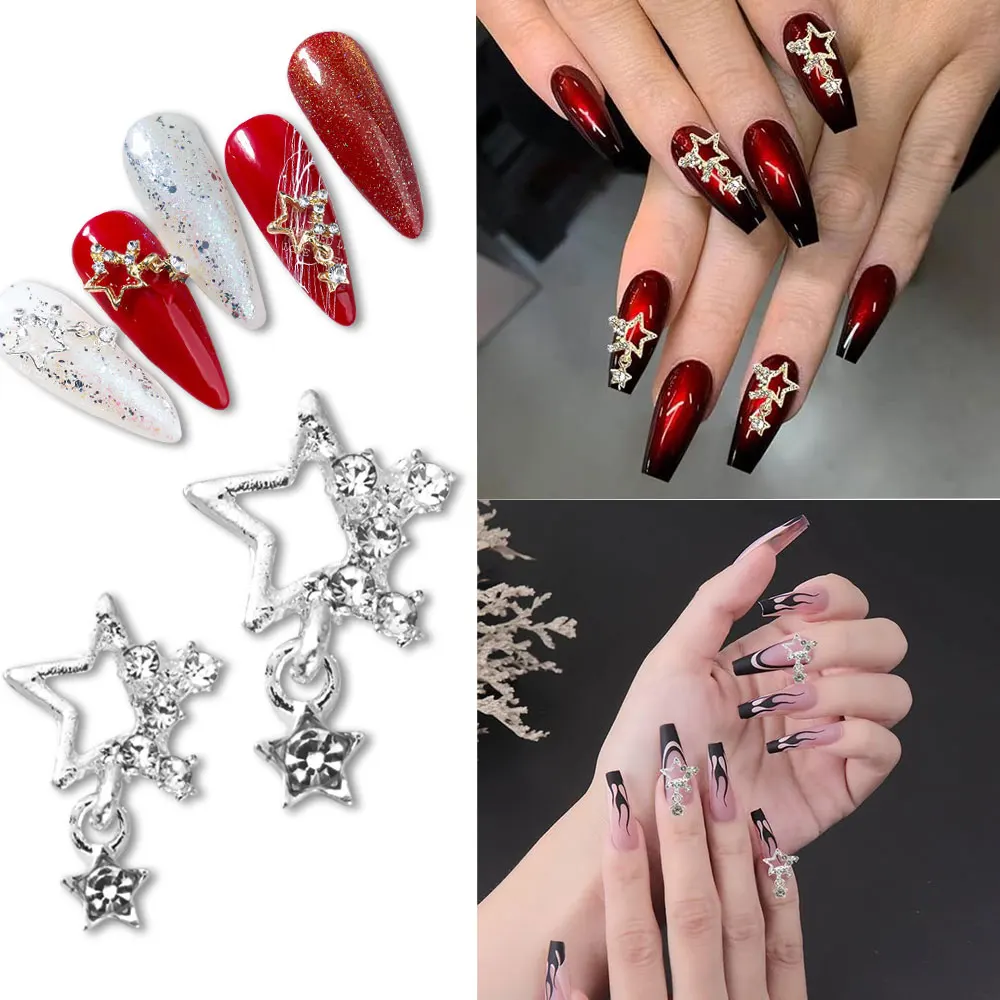 10Pcs Pentagram Star Nail Art Charm Gold/Silver Shiny Glitter Diamond Jewelry Press on Nails Manicure DIY Decorations Accessor #