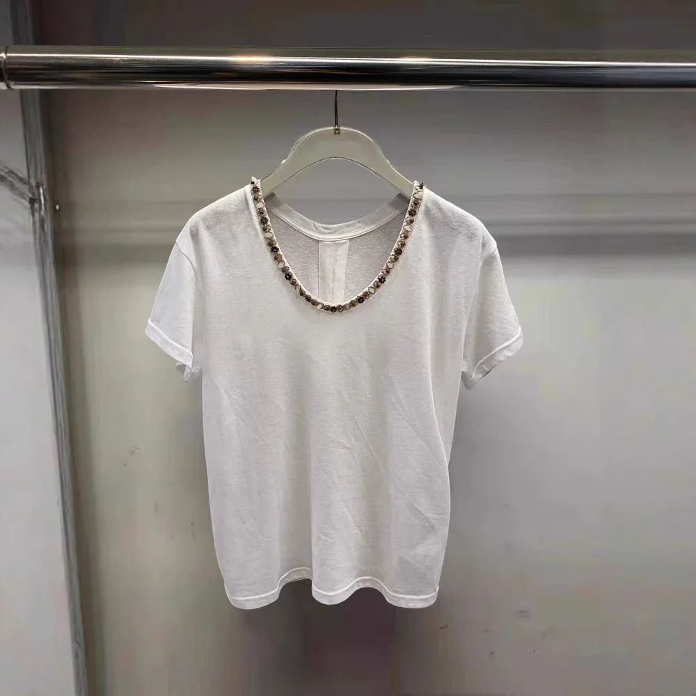 

2025 Summer Round-neck T-shirt Fashion Mini Shirt Short Sleeve Beaded Front Shoulder Blouse y2k top