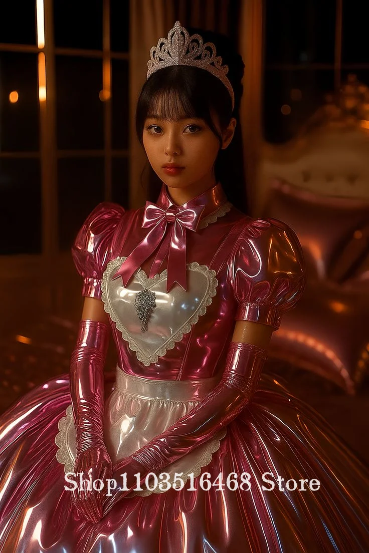 Maßgeschneidertes süßes rosa Gothic-Abschlussballkleid, kurzes Cocktailkleid, Schleife, schimmernder lasergeschnittener Stoff, Geburtstagspartykleid, Cosplay-Kleid