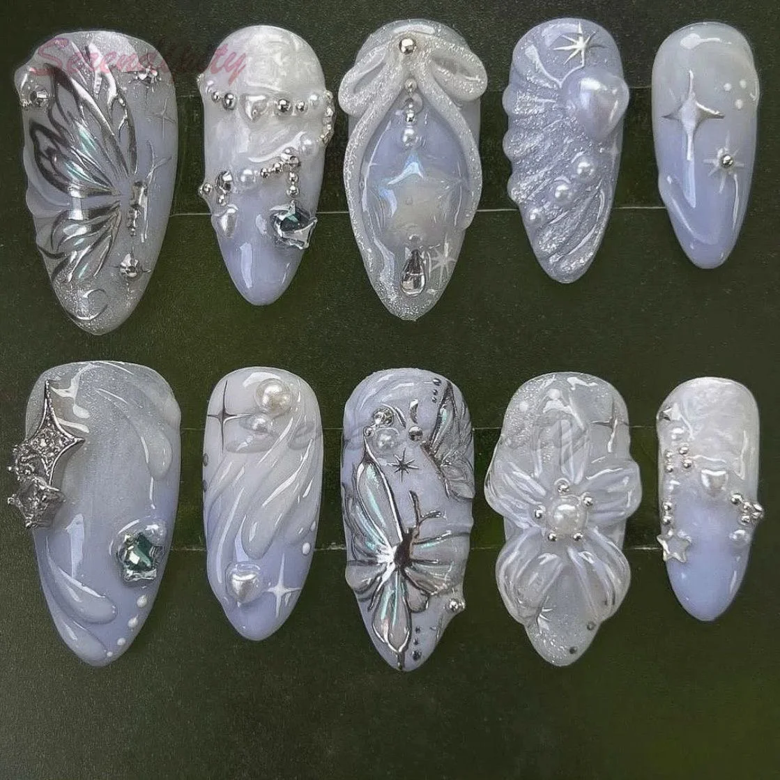 10Pcs Handmade Manicure Medium Almond Fake Nails New Cute Ballet Limited Nails Press On Nails Design with Adhesive Nail File Set