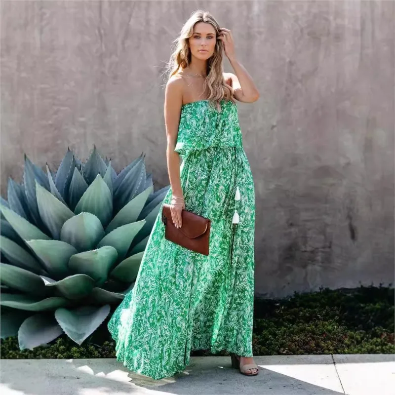 Elegant Green Women's Long Dress Sleeveless Off Shoulder Strapless Dress With A-line Hem Slit New Summer Collection 2025 Vestido