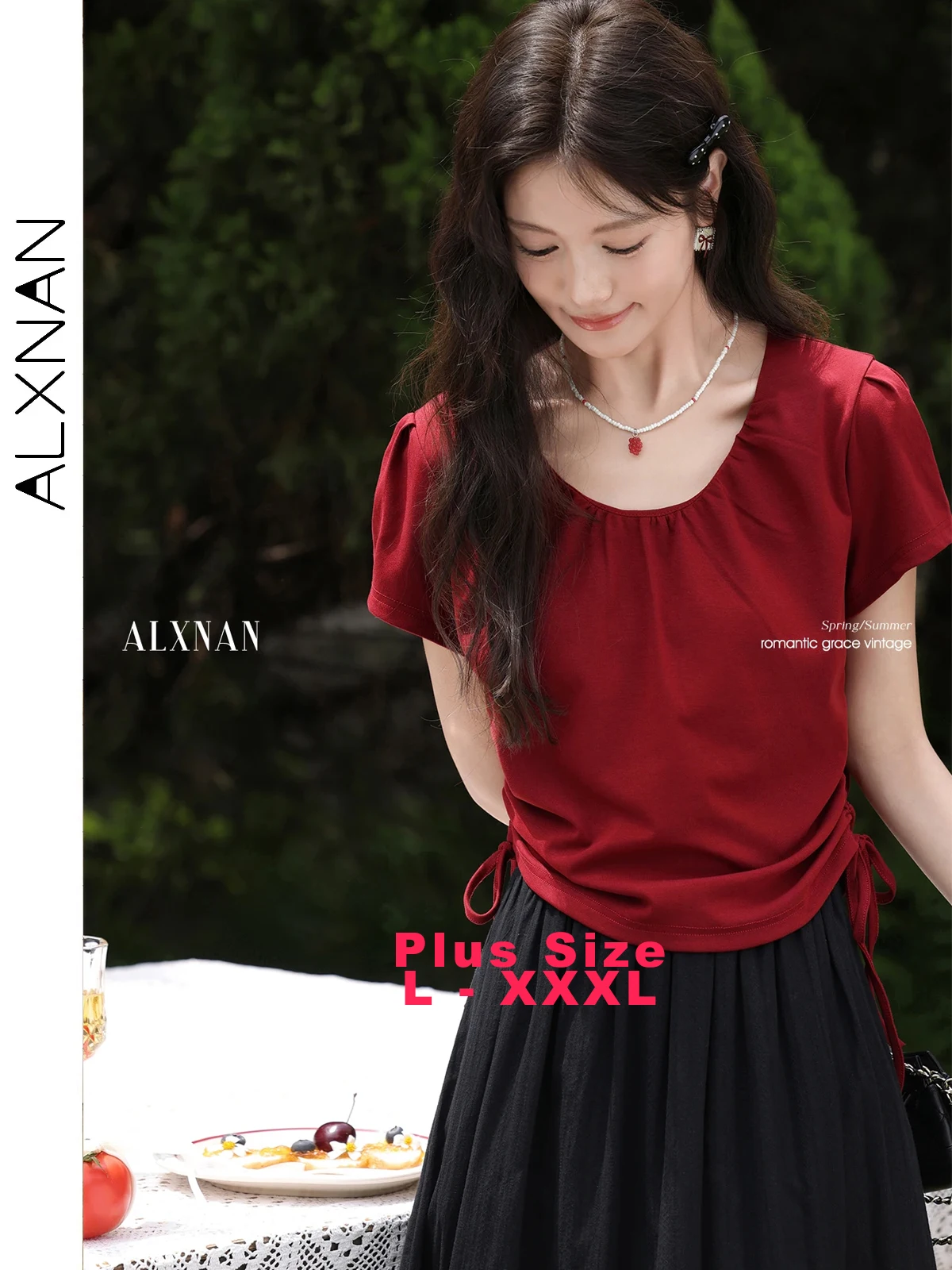 

ALXNAN Plus Size Red Vintage T-shirt Drawstring Pleated Short Sleeve Women's T-shirt Summer Elegant Casual Cotton Tops D11007