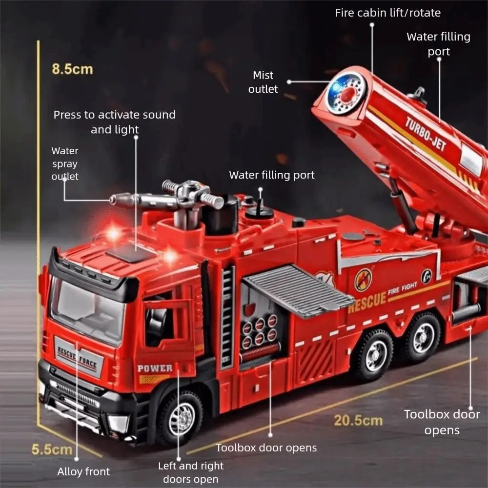 Modelo de caminhão de bombeiros escala 1:32, função pull-back com som, luz, spray de água, brinquedo interativo de resgate de incêndio, carros de motor de incêndio