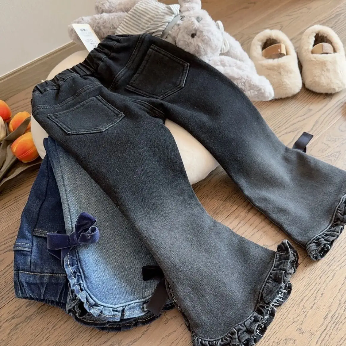 

Теплые и плотные джинсовые брюки для девочек на осень-зиму, модель E57, в корейском стиле, утепленные джинсы для девочек