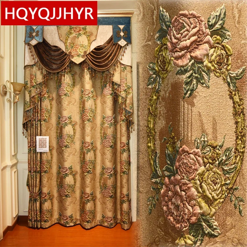 Top royal aristocratic 4D embossed luxury Blackout Living Room Curtains Classic flower high quality villa Curtain for Bedroom