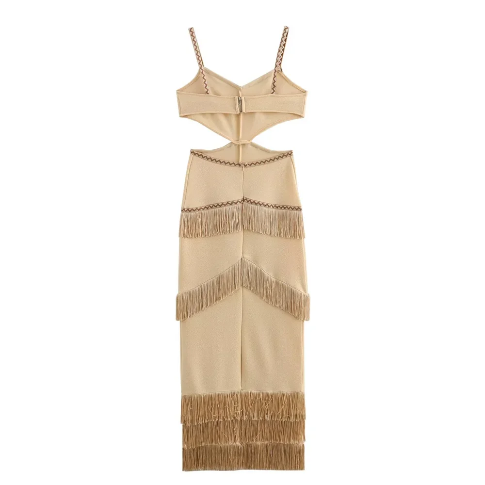Chic Waist Hollow Tassel Splicing Maxi Dress Women's Sexy V-Neck Sleeveless Slip Dress Elegant Beach Wear Tank Top