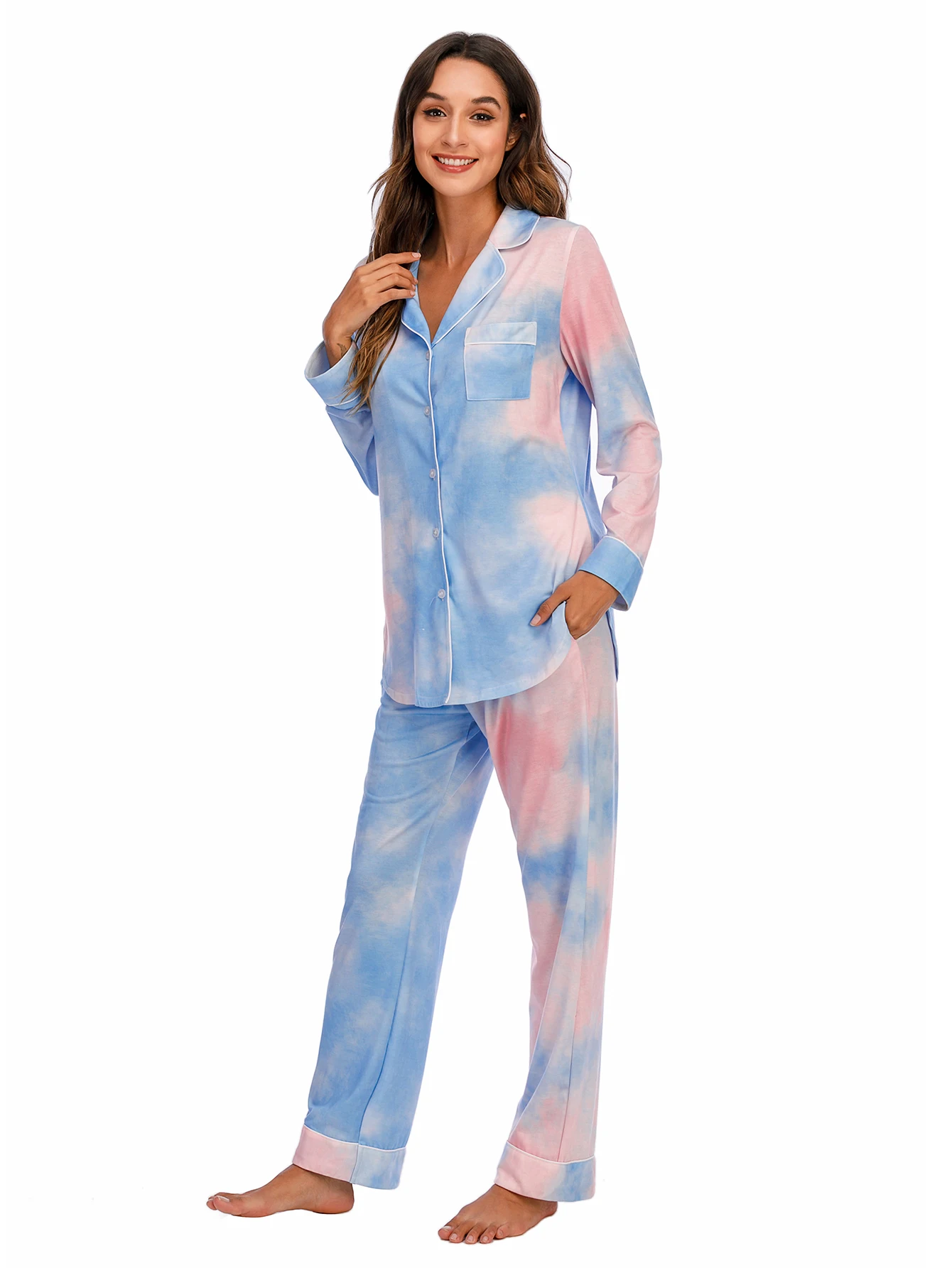 Aamikast Pajamas for Women Long Sleeve Sleepwear Ladies Loungewear Pjs Sets Stripes Tie-Dye Dots Patterns 2 piece Pajama