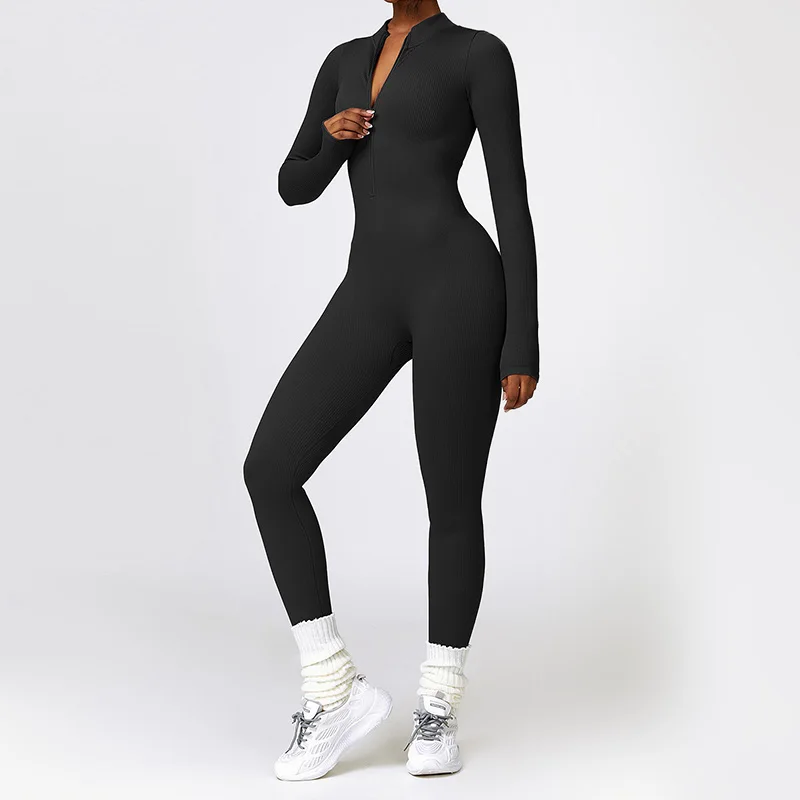 Women\'s Tracksuit Zipper Front Sports Jumpsuit Long Sleeved One Piece Fitness Workout Bodysuit Casual Yoga Suit