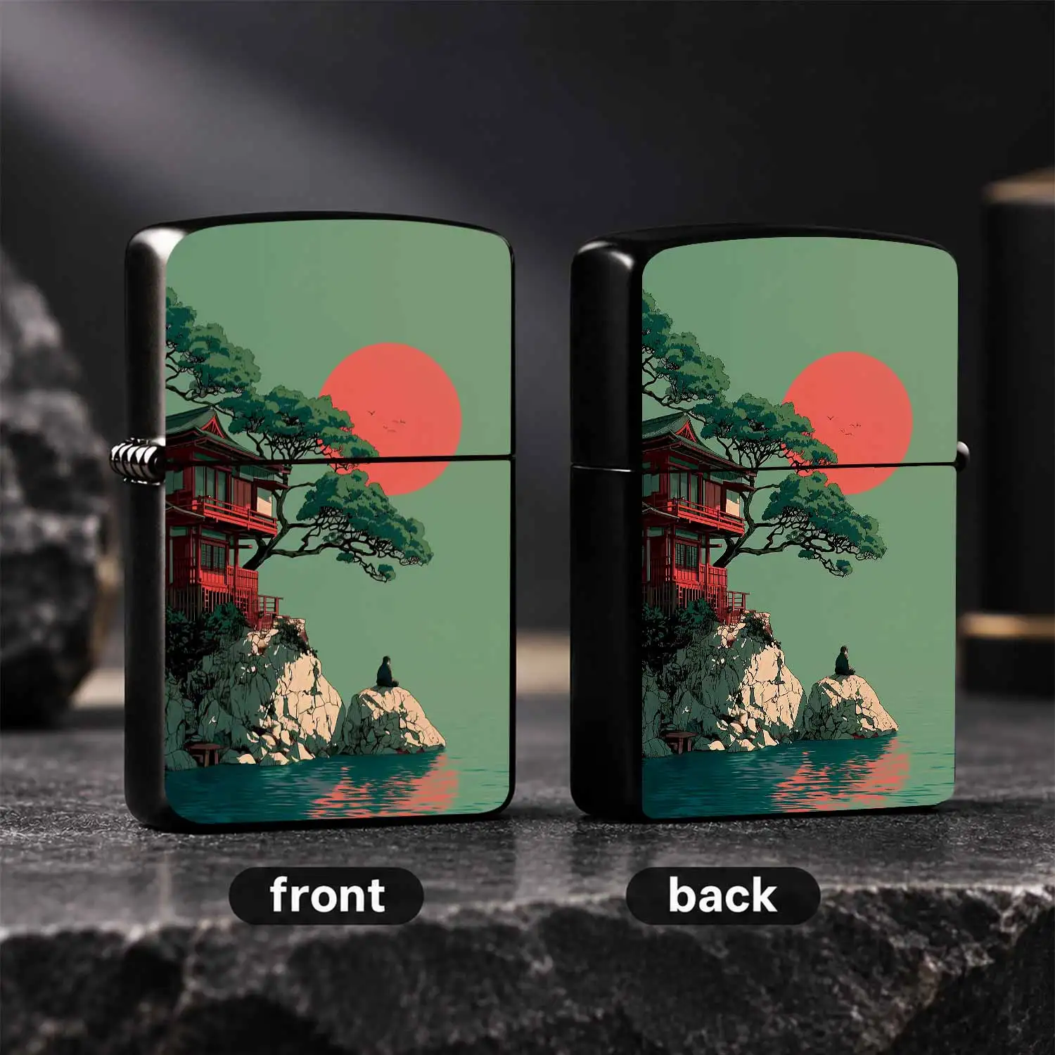 Vintage Japanese Zen Scenery Lighter, Red Pine Ancient House Meditating by Water Design, Portable Everyday Use Igniter for Camping, Candle Incense Lighting, Exquisite Gift for Family Friends Travel Daily Accessory A Humorous And Interesting