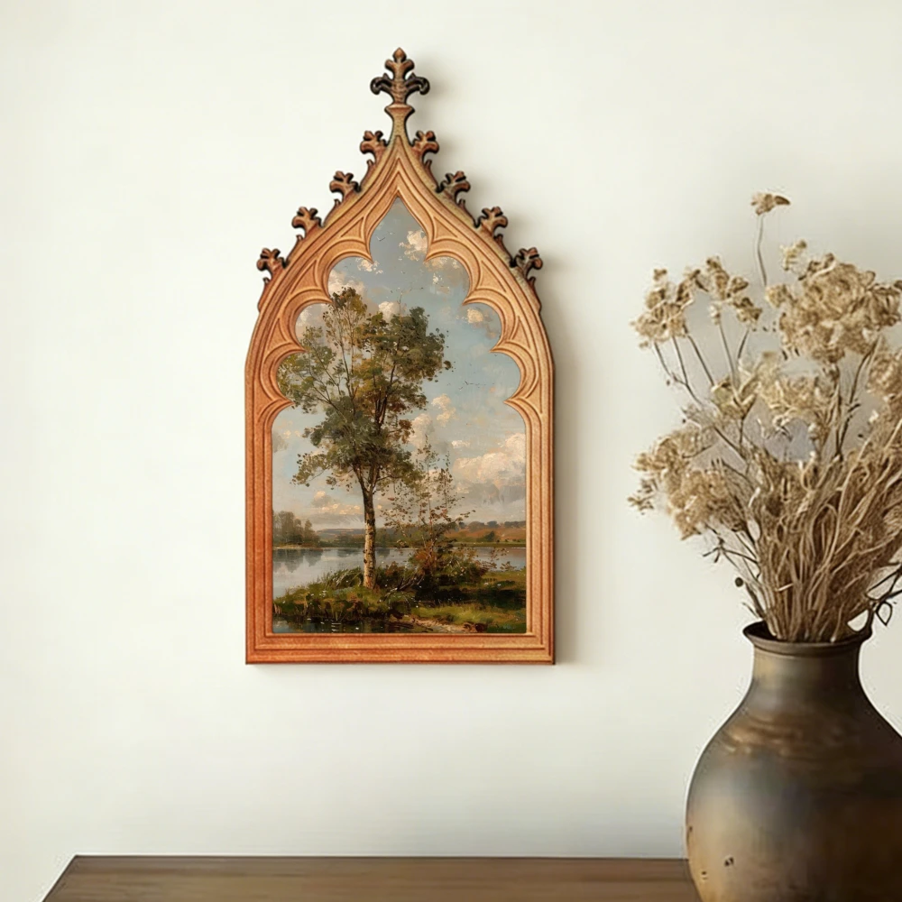Cross-Border Gothic Church Window-Shaped Vintage Lake and Tree Wooden Wall Plaque For Dark Retro Home Wall Decoration Scenario