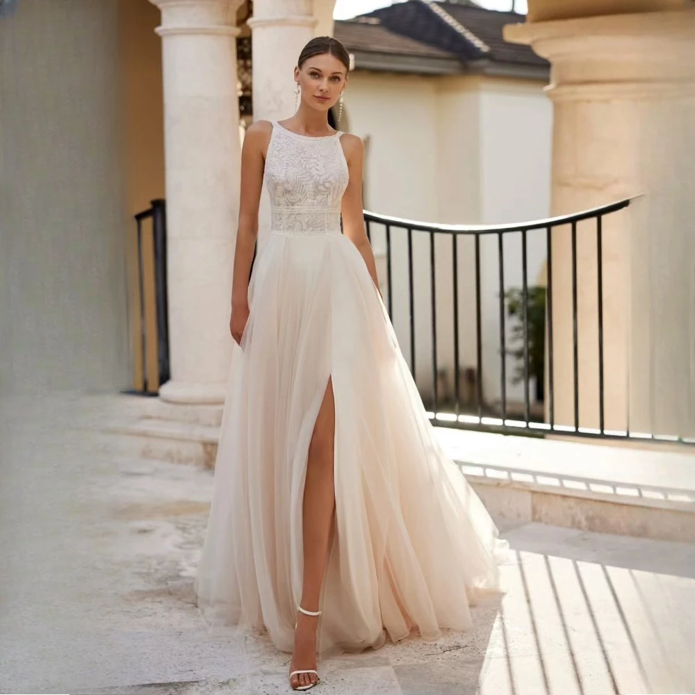 Customized Round Collar A-Line Prom Dresses Formal High Quality Sleeveless Tulle Prom Gown Engagement Banquet Vestidos De Novias