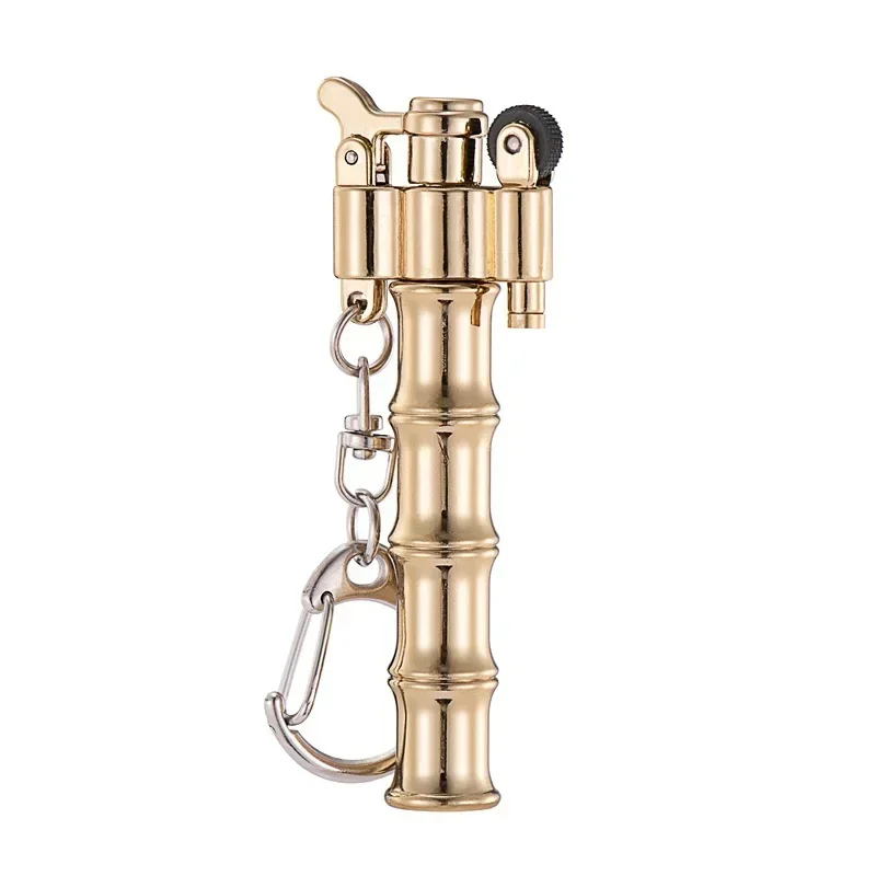 Brass keychain open flame lighter, bamboo mini metal lighter classic retro grinding wheel ignition gift men\'s smoking accessor