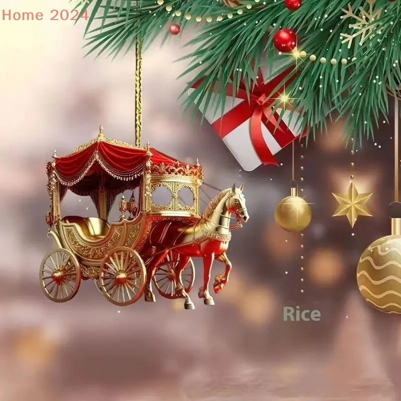 

Carriage Christmas Ornament Horse With Sleigh Carriage 2D Acrylic Xmas Tree Ornament For Winter Home Decor Car Table