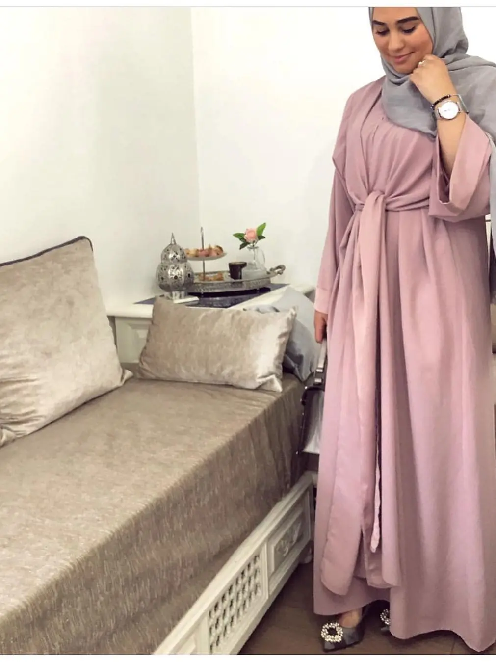 Fake two pieces Muslim Dress Robe Musulmane Turkish Dubai Fashion Silky Muslim kaftan Robe full length Worship Service abaya