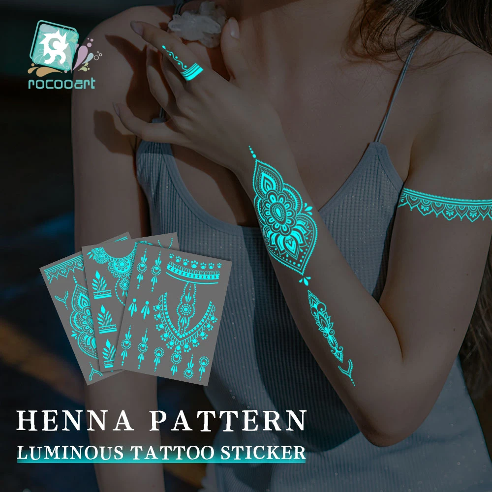 Tatuaje falso de Henna indio luminoso azul, Mandala blanco, pegatinas brillantes para mano, cuello, brazo, cuerpo, tatuajes brillantes de arte corporal para mujer