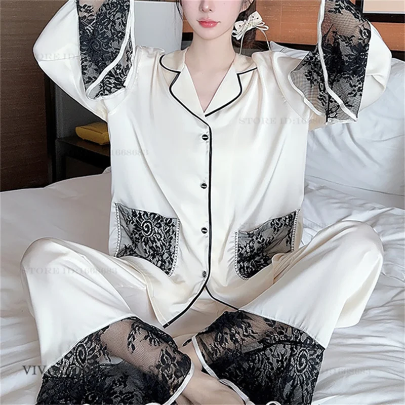 

Новинка! Женский пижамный комплект в китайском стиле из шелкового атласа: сексуальное кружевное белье, свободные брюки, домашняя одежда для весны.