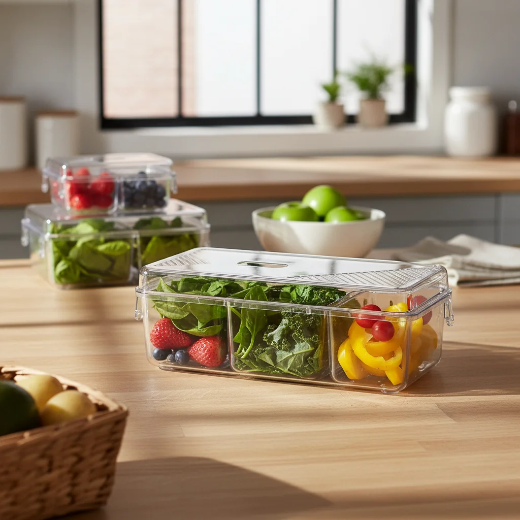 Divided Salad Bowl Removable Compartments Divided Serving Tray Lidded Snack Organizer Crisp Keeping Household Storage for Fridge