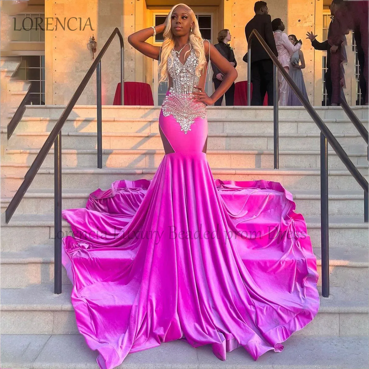 

Sparkly Diamond Prom Dresses For Black Girls 2024 Luxury Beaded Mermaid Evening Party Dress Formal Sleeveless robe chic soirée