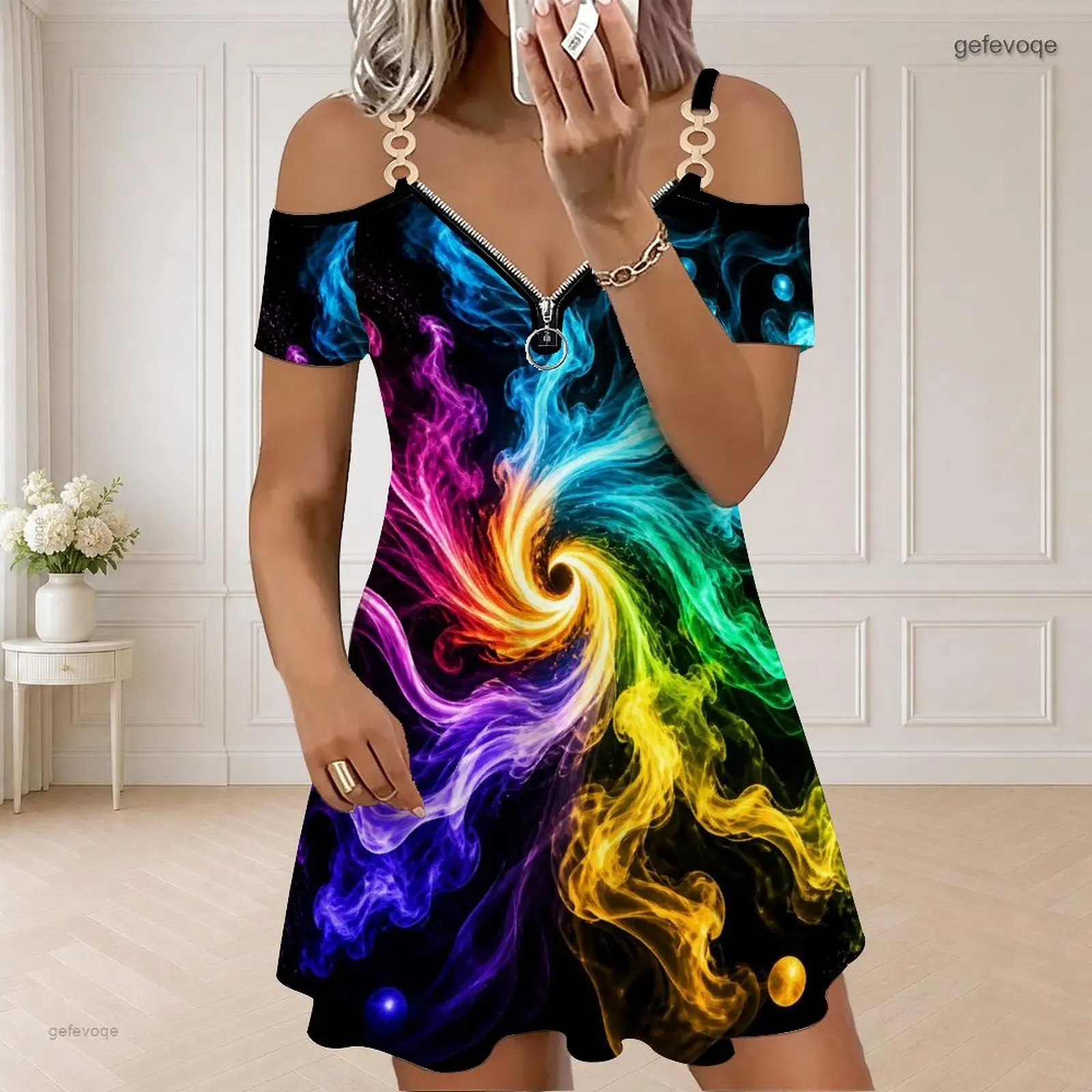 Women Abstract Swirl Print Cold Shoulder Short Sleeve Chain Strap Zip V Neck Flared Dress
