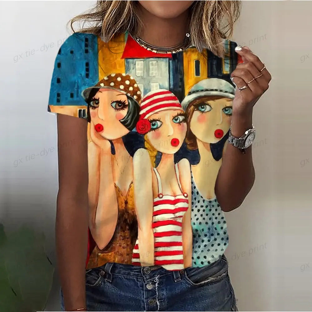 2024 Summer Women's T-Shirts Girls Cute Print Short Sleeve Harajuku Fashion O-Neck Shirts Ladies Colorful Beautiful Shirt Tees