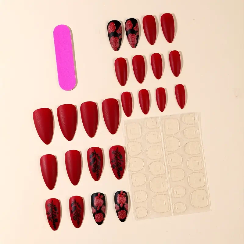 24pcs Almond-shaped Nails with Glue Red Matte Rose Pattern Full Coverage Press-on False Nails for Women and Girls Party Wearing