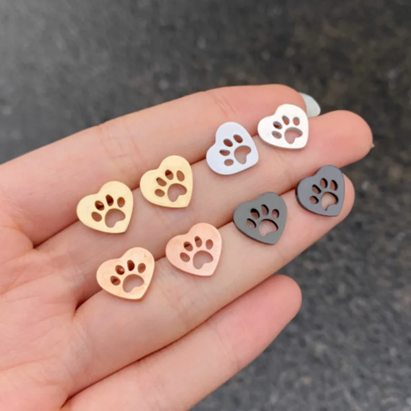 1 Pair Lovely Dog Paw Earrings for Women Chidren Fashion Stainless Steel Animal Love Heart Footprint Ear Studs Wholesale