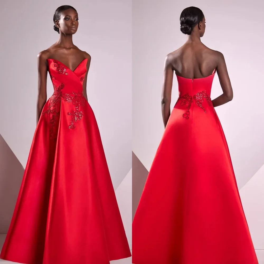 

Jiayigong Satin Applique Sequined Formal Evening A-line Strapless Bespoke Occasion Gown Long Dresses