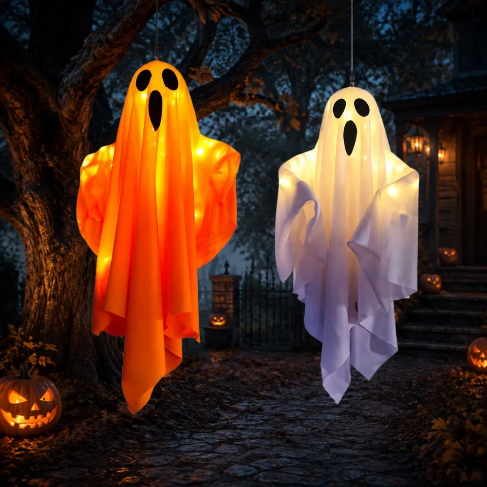 Halloween Hanging Ghost Light, Orange or White Fabric Ghost Decoration with LED Lights for Porch, Yard and Haunted House Decor