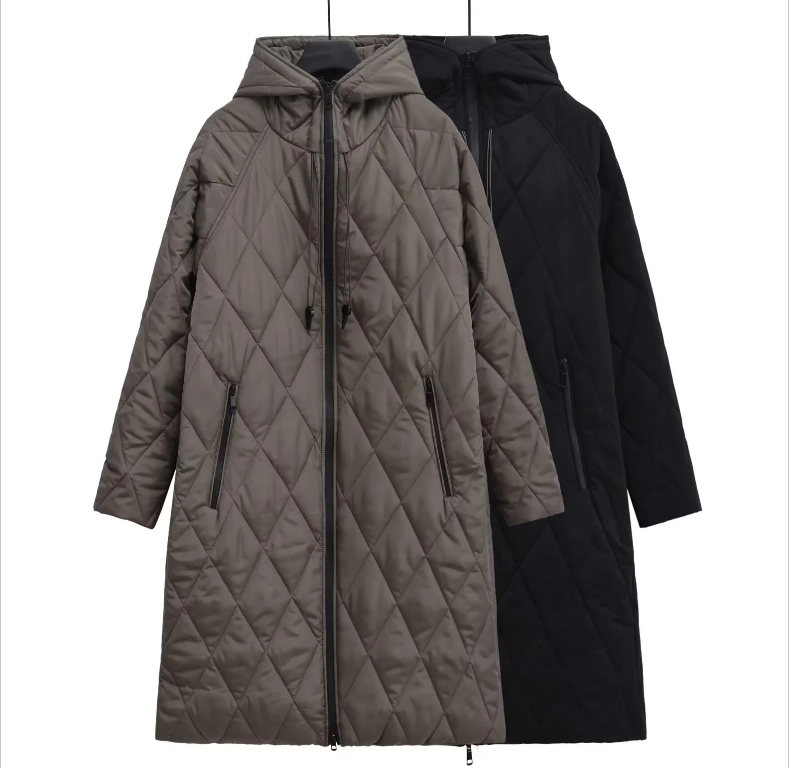 

2025 Autumn/Winter New Women's Retro Pattern Drawstring Hooded Long Cotton-padded Loose Diamond Coat Warm and Thick