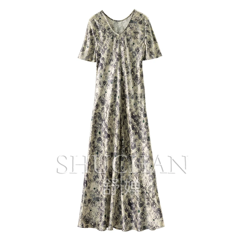 

flowing style, magic cabinet, oblique cutting, sand washing, silk plain crepe satin printing dress, women's 57B6