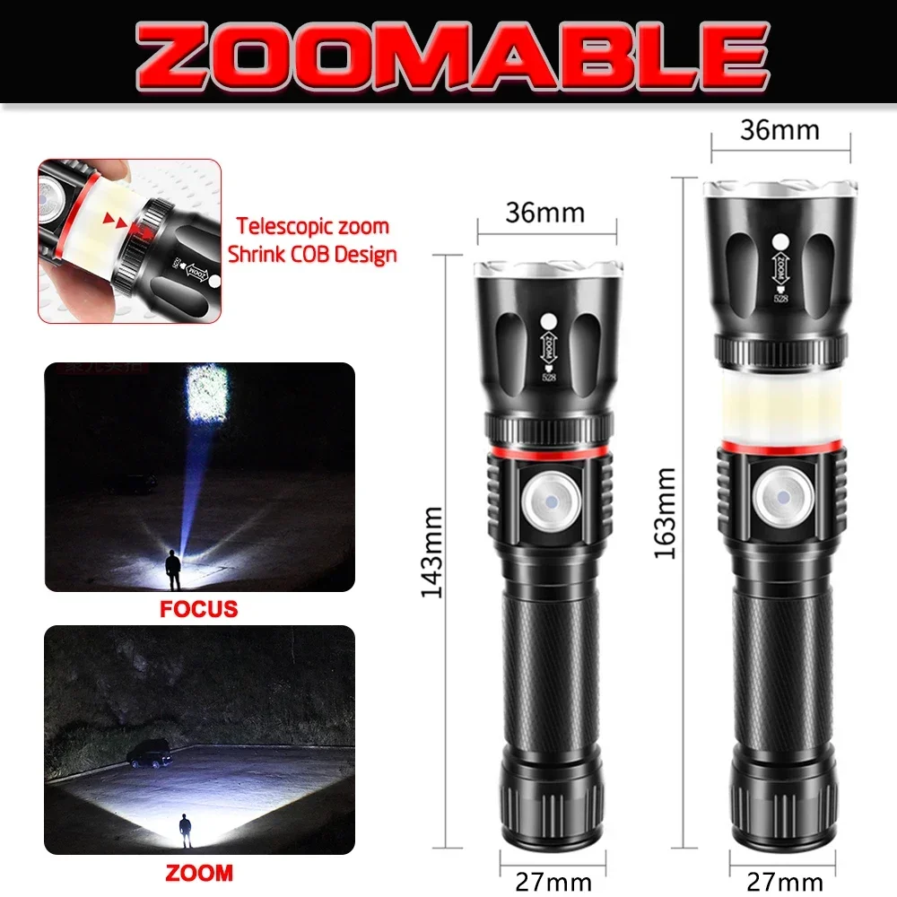 Powerful LED Flashlight USB Rechargeable Flashlights Zoom Torch with Tail Magnet 4 Modes Outdoor Waterproof Emergency Light