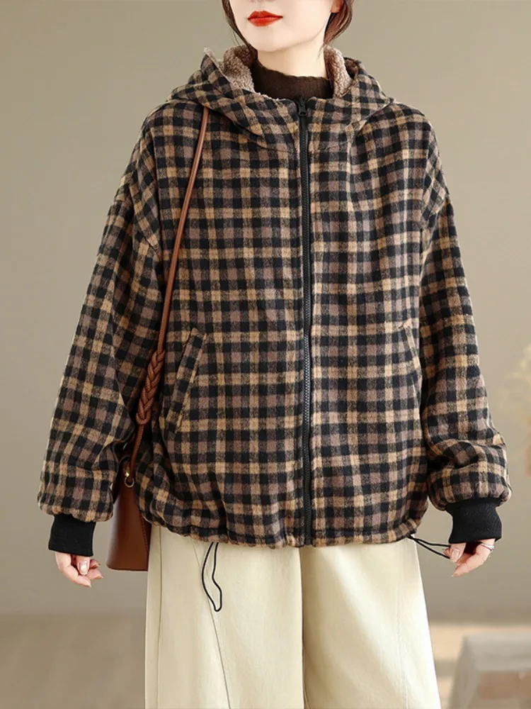 Thiened Fce Roupa dupla face xadrez com capuz de algodão Jaet feminino inverno Faion anti-envelhecimento tamanho grande pele de cordeiro algodão Co...