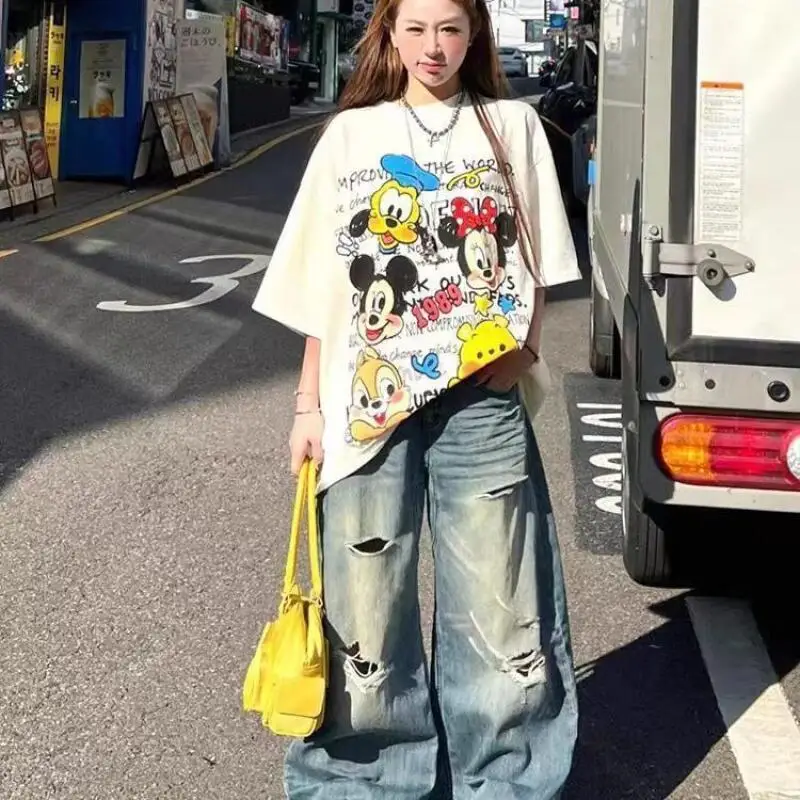 Trendy Brand New Fashion Heavy Craft Full Diamond Cartoon T-Shirt Age-Reducing Loose Short-Sleeved Tshirts Top Pullover Ladies