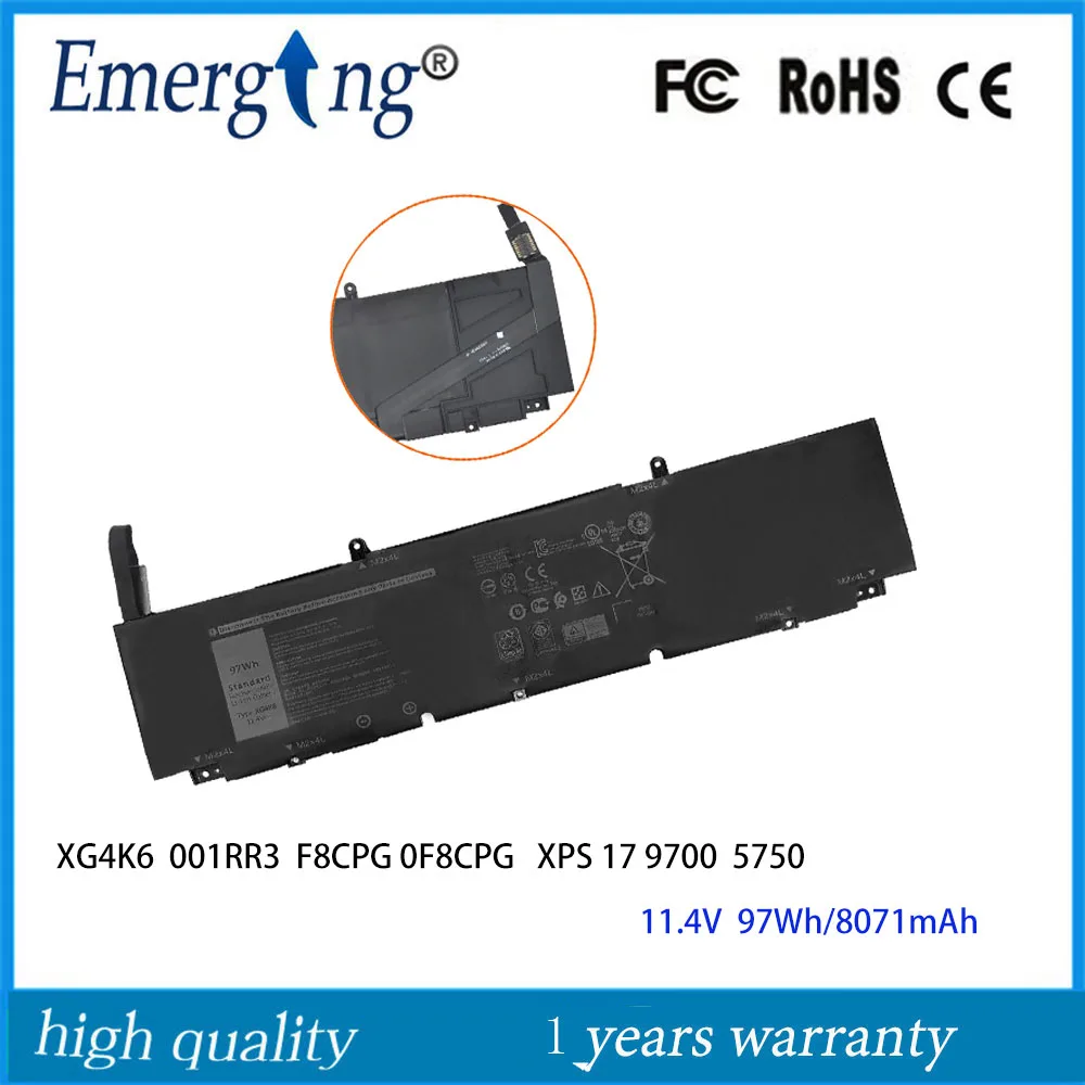 

11,4 В 97 Втч XG4K6 Аккумулятор для ноутбука Dell XPS 17 9700 9710 Precision 5750 Series 1RR3 F8CPG