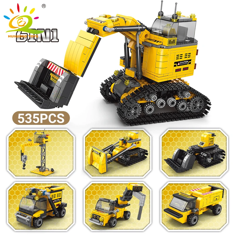 HUIQIBAO 535pcs 6in1 Engineering Truck Building Blocks City Construction Bulldozer Crane Car Bricks Set For Children TOYS Kids