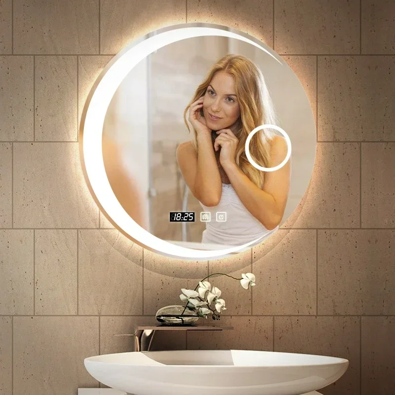 70 CM Round Smart Hotel Bedroom Defogging Decorative Mirror 3 Color Adjustable Backlight With LED Bathroom Mirror