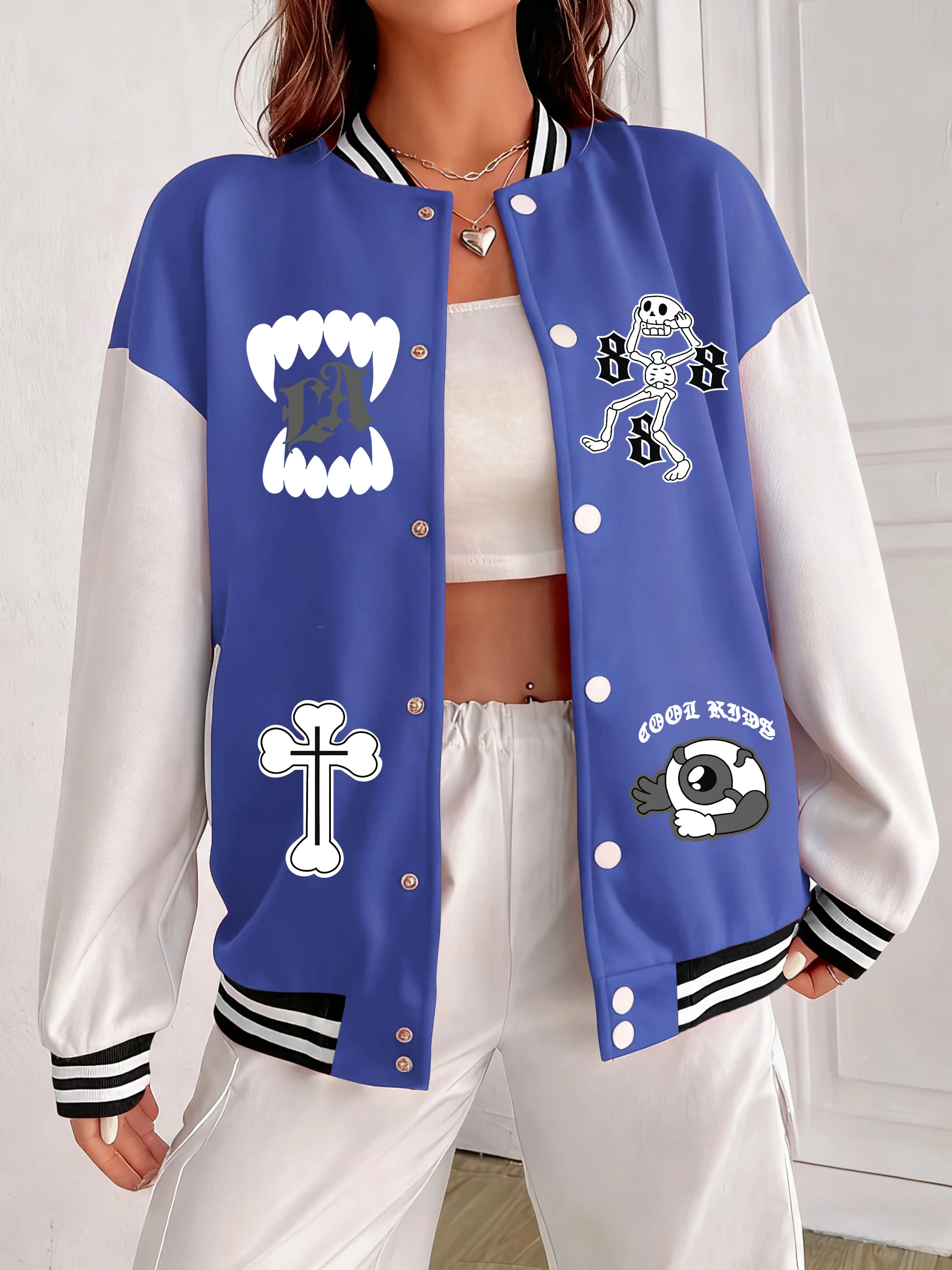 Esqueleto torcido homem impressão uniforme de beisebol moda feminina jaqueta de algodão americano hip hop topo oversized roupas all-match