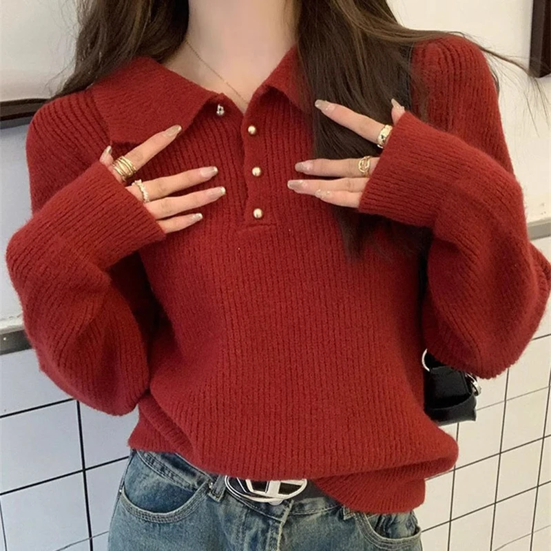 2026 Chic Turn Down Collar Knitted Sweaters Women Button Up Solid Color Sweater Pullovers Woman Korean Long Sleeve Jumpers Mujer