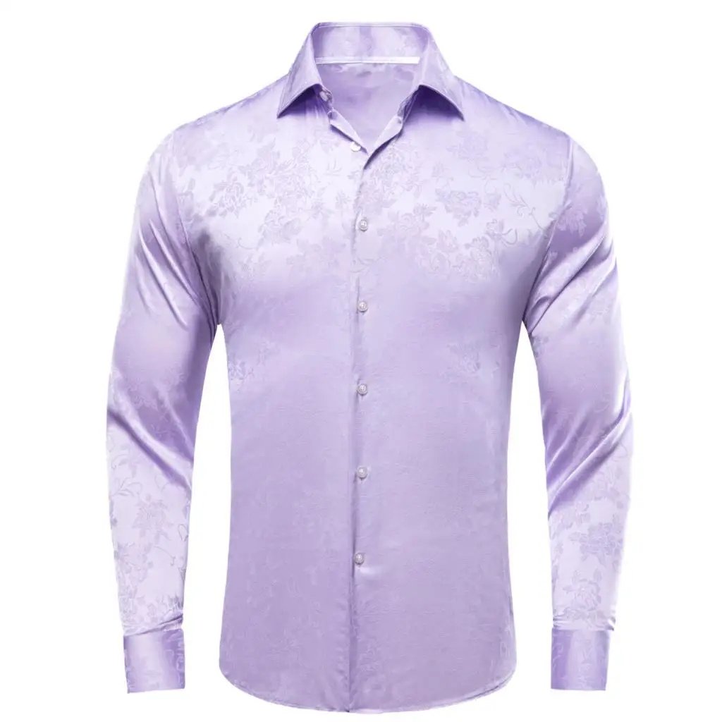 Hi-Tie Silk Mens Shirts Long Sleeve Dress Suit Shirt Jacquard Floral Male Blouse Lilac Purple Rose Pink Wedding Party Oversized