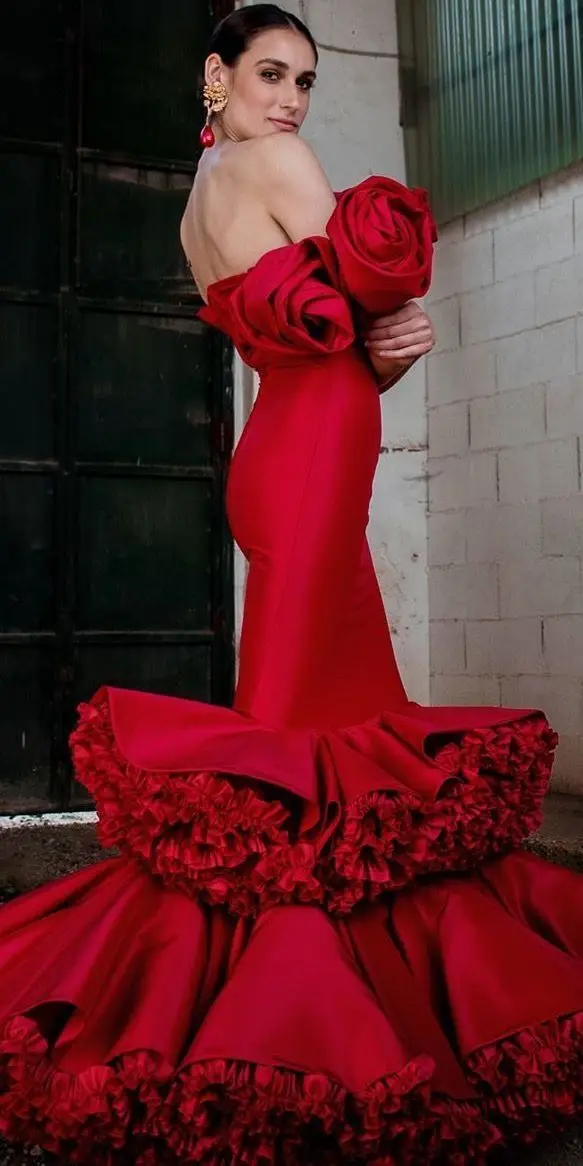 Gorgeous Red Mermaid Prom Dresses Spanish 3D Rose Big Flower Unique Party Dress Formal Gown Tiered Skirt Spanish Evening Dress image 2