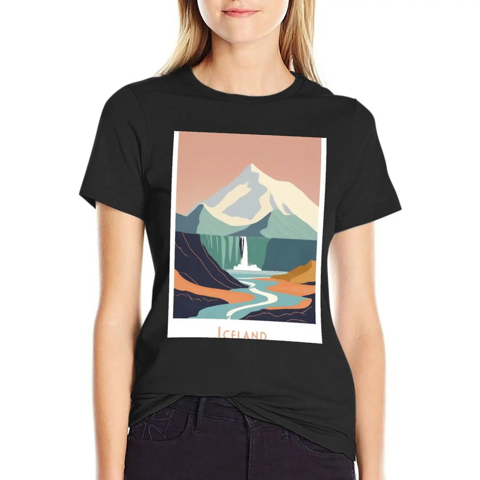 

Vintage Minimal Retro Travel Poster Waterfall in Iceland T-Shirt sports fans tees cropped t shirts for Women