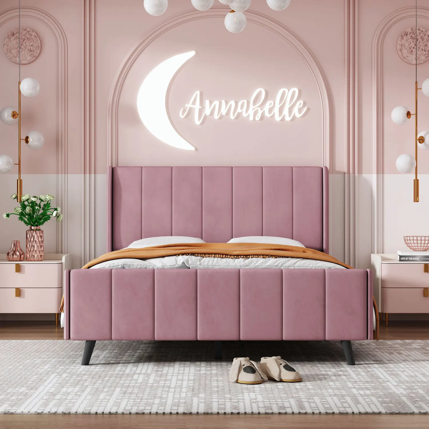 Full Size Pink Velvet Upholstered Platform Bed