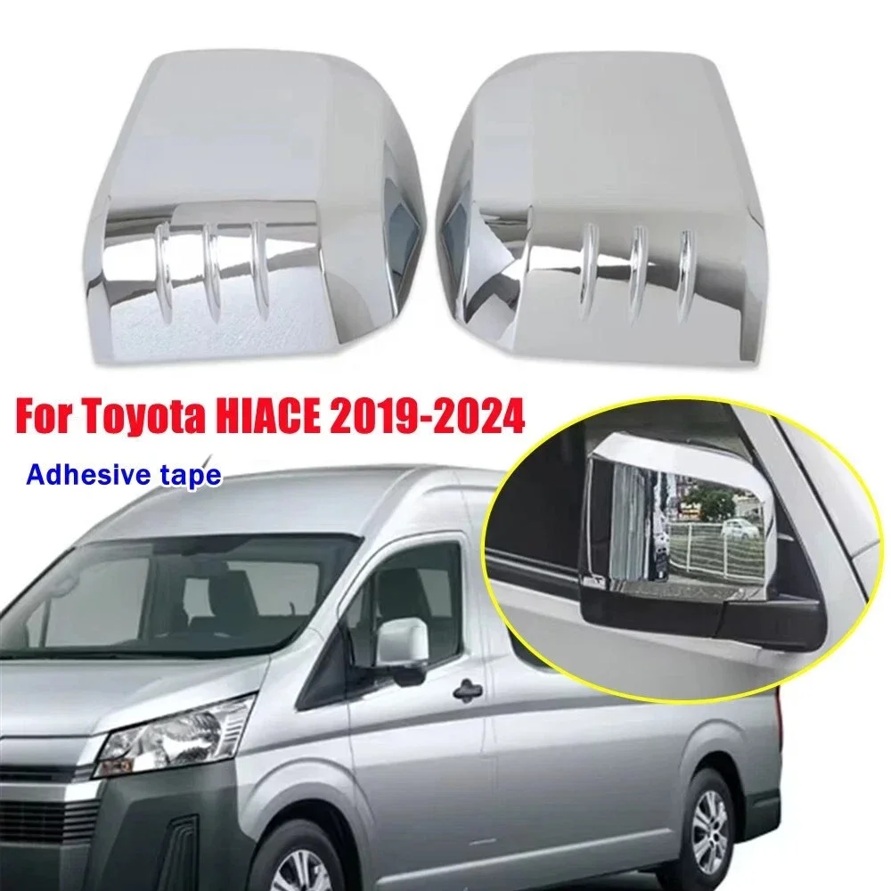 Pair ABS Chrome Rearview Side Mirror Cover Trim For Toyota HiAce Granvia Commuter 2019-2023 Exterior Door Trim Adhesive Sticker