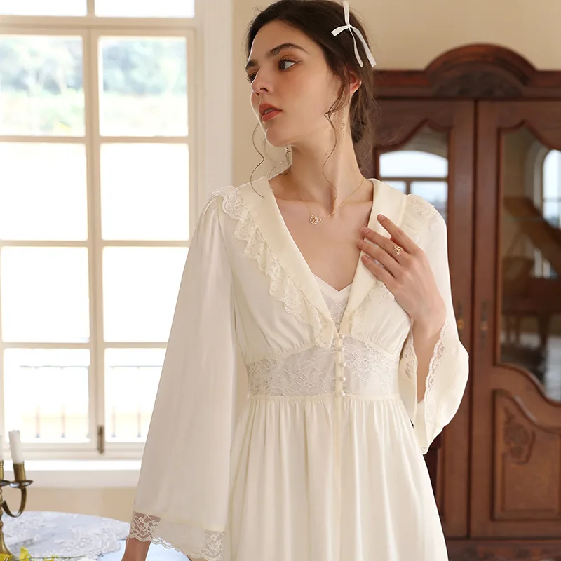 Sexy Women Satin Night Dress Ice Silk Two Pieces Spring Autumn Robe Sets Lace V Neck Nightgown Fairy Sweet Sleepwear Nightwear