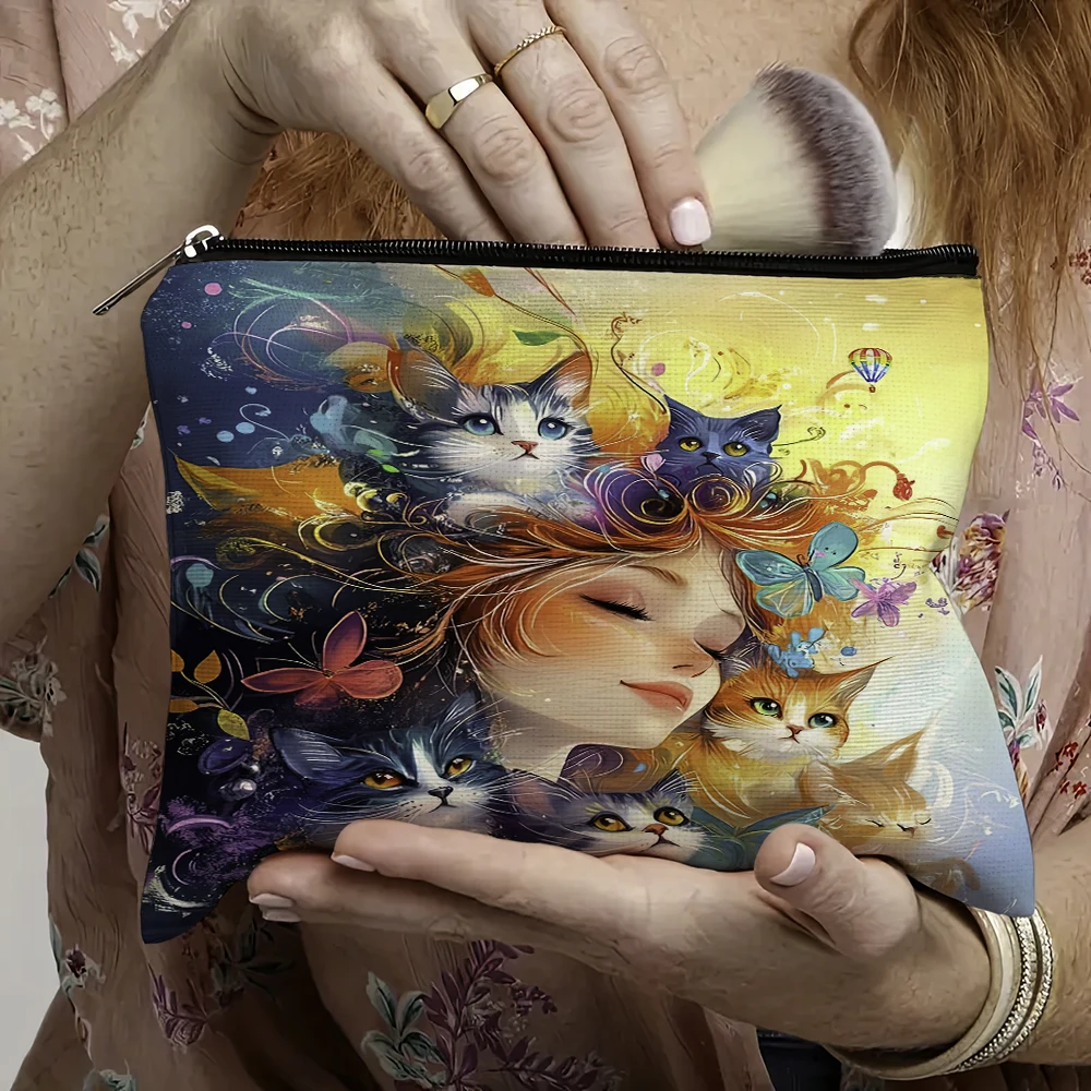 

Cartoon Flower Girl and Pet Cats Makeup Bag Double Print Child Wallet Lady Cosmetic Bags Wedding Women Travel Organizer Handbag