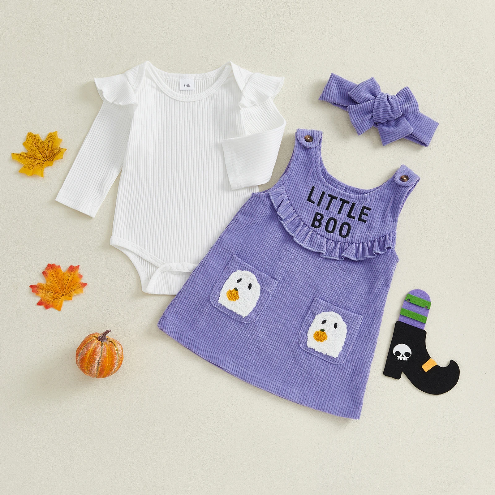 

Tregren, одежда на Хэллоуин для маленьких девочек 0-18 месяцев, однотонный комбинезон с длинными рукавами, комбинезон с вышивкой призрака, платье, повязка на голову, комплекты из 3 предметов