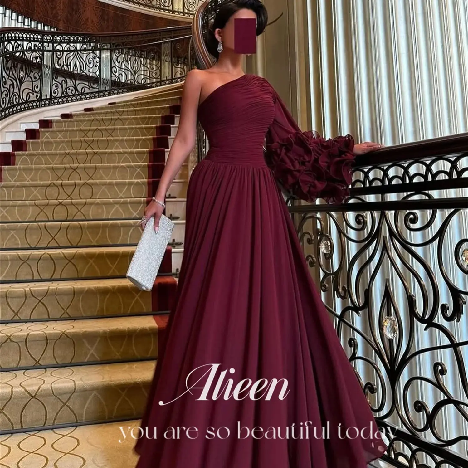 

Big Sleeves Women's Luxury Evening Dress Brand Crimson Red Very Luxurious Evening Dresses for Special Occasions One Shoulder