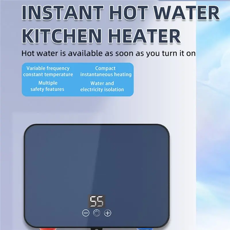 Efficient-EU Plug Digital Display 6000W 220V On-Demand Hot Electric Tankless Water Heater, Instant Hot Water Heating, Constant